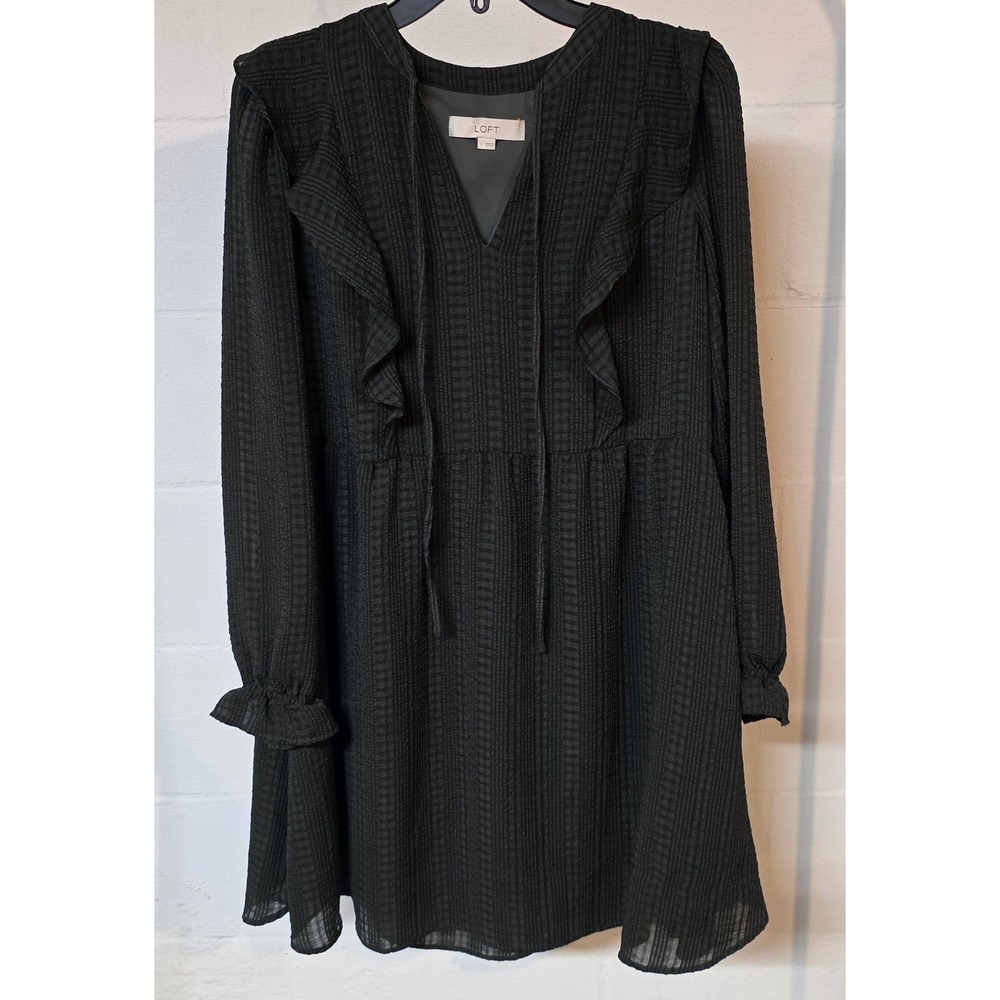 Loft Womens Small Dark Green Textured Plaid Ruffle V-Neck Mini Dress